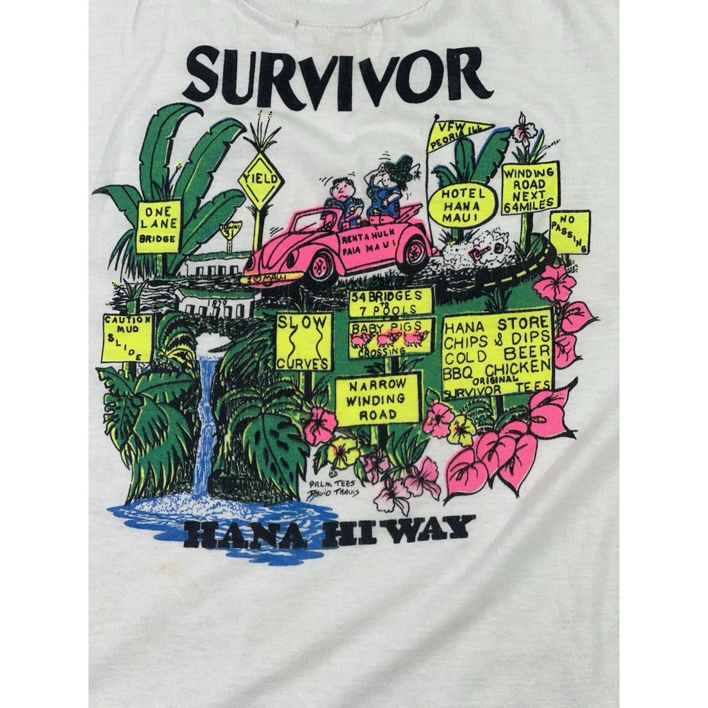 Vintage Hana Hi Way Survivor Hawaii T-Shirt 80s 90s Palm Tees Maui Tourist Tee - Picture 3 of 4